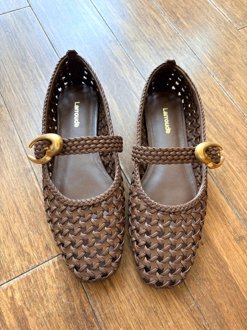 Larroude Brown Woven Mary Jane Flats with Crescent Buckles